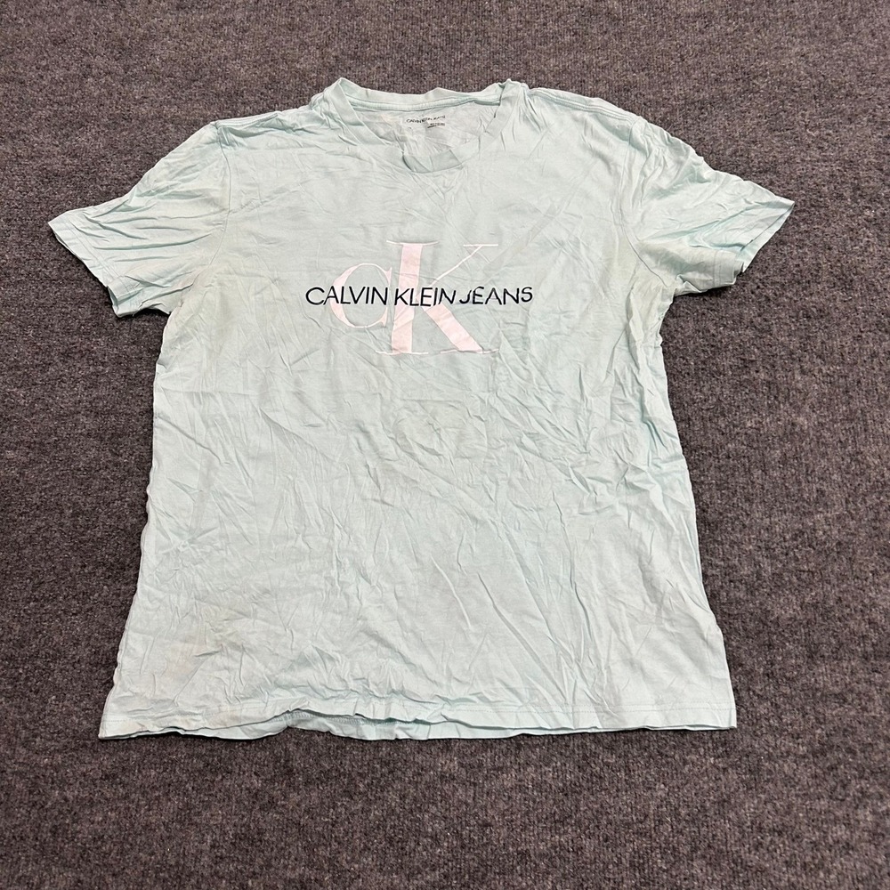 Calvin Klein Jeans T-Shirt Mens Size L Blue Cotton Logo Graphic Short Sleeve Tee